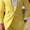 Costumes pour hommes jaune lin hommes pour la plage d'été Slim Fit 2 pièces mariage marié smoking mâle mode Costume veste avec pantalon