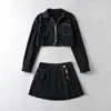Werkjurken Side Split Denim Mini Rok Pak Outfit 2023 Tweedelige Vrouwen Rits Cropped Jas En Rokken Bijpassende Set