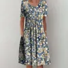 Casual Dresses Women Floral Crew Neck Short Sleeve Midi Dress Ladies Baggy Pocket Pleated