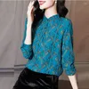 Blouses pour femmes Chemise en mousseline de soie à imprimé floral bleu Printemps Été Mode Blouse 2023 Manches longues Col rond Style coréen Élégant pour femme