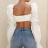 Women's Blouses High Street White Shirts Fashion Clothes Casual Puff Long Sleeve Front Tie Elegant Sexy Backless Crop Tops Blusas 21977