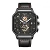 Montres-bracelets MEGIR Or Rose Noir Montre Hommes Mode Bracelet En Cuir Sport Analogique Quartz Montre-Bracelet Avec Chronographe Auto Cadran Carré 8106