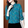 Blouses pour femmes Chemise en mousseline de soie à imprimé floral bleu Printemps Été Mode Blouse 2023 Manches longues Col rond Style coréen Élégant pour femme