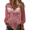 Women's Blouses 2023 Fashion Blouse Women Top Shiny Sequin Glitter Long Sleeves Deep V Neck Pullover Mid Length Fall Spring Clothes