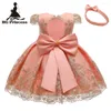 Girl Dresses 3M-24M Baby Gold Lace Patchwork Backless Party Dress With Big Bow Gift Headband CN(Origin) O-Neck Kids Ball Gowns