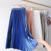 Skirts Summer Fashion Women Skirt Casual High Waist Metallic Satin Long Pleated Faldas Stretch Elegant Midi Mujer