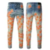 Mens Jeans för killar RIP Slim Fit Skinny Man Pants Orange Star Patches bär cyklist denim Stretch Motorcykel trendig lång rak hiphop med hålblå #shop21 2J1k