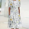 Casual Dresses Women Floral Crew Neck Short Sleeve Midi Dress Ladies Baggy Pocket Pleated