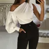 Women's Blouses Tops Women 2023 Trendy Fashion Diagonal Shoulder Shirt Asymmetric Left Right One Sleeve Loose Thin Casual Pullover Blouse