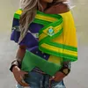 Kvinnors T -skjortor Brasilien flagga Kvinnors målning Skjorta Lossa National Emblem 3D Print Summer Girl Off Shoulder Tops