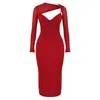 Casual Dresses Fanslan Elegant Sexy Midi Dress Long Sleeve Bodycon Night Club Spliced Mesh V-neck Hollowed Chest Solid Party Red