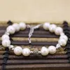 Strand 9-10mm White Natural Pearl Beads Bracelets Diy Bangle Moda Elegante Antique Acessórios de cor prateada Jóias 7.5 polegadas B3094