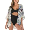 Women's Swimwear Women Chiffon Floral Print Kimono Loose Half Sleeve Shawl Cardigan Cover Up Tops Woman Long Shirt Dress Cotton Korean Cloth