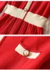 2023 Spring Red Contrast Color Panel Packe Dress Långärmad rund halsknappar MIDI Casual Dresses M3M03B696