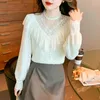 Women's Blouses Lace Shirt For Women Summer 2023 In Solid Ruffle Long Sleeve Koreaanse Fashion Slim Fit Top O-Neck Casual Clothing