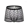 MUITAS MEN Men Sexy Boxers de Tentação Sexy Low Caist Diamond Mesh Hollo Black Rouphe camarada respirável confortável diariamente lingerie