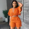 Women's Two Piece Pants Fashion Two Piece Sets for Women Tracksuit Sexy V Neck Ruffled Sleeve Crop Top Pockets Shorts Suits Summer Casual Outfits 230303