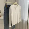 Kadın Tişörtleri Yüksek kaliteli iplik çukur şeridi uzun kollu tişört alt bluz kadınlar için bahar beyaz temel gevşek iç düğme kazak