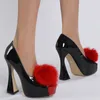 Chaussures Habillées 117465 Noir Talons Super-hauts Femmes Fishmouth Banquet Rouge Boule En Peluche Grandes Sandales À Talons Épais