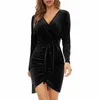 Traje de baño de mujer Sexy Mini vestido con cuello en V profundo Moda Slim Tight Cocktail Party Color sólido Manga larga Bodycon Streetwear