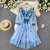 New Fashion Multicolor Embroidered Floral Dress Women O Neck Slim Lace Mesh A-line Elegant Evening Party Vestidos 2023 Long Sleeve Vestidos