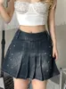 Skirts IAMTY Rivet Pleated Denim Skirt A-line Short Jeans Korean Fashion Japanese Fairycore Grunge Bottoms Y2K Clothes