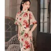 Roupas étnicas vestido cheongsam vestido feminino fino 2023 verão algodão estampas emendas de manga curta estilo retro qipao vestidos