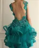 Party Dresses Green Cocktail Sheath Cap Sleeves Short Mini Hi Low Lace Pearls Homecoming
