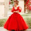 Meisjesjurken Girl's jurk Red Flower 3d Bloembloemen Verjaardagsfeestje Peuter Pageant Jurk Sweep Train Tule Kids Communie