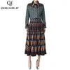 Рабочие платья Qian Han Zi Designer Fashion Runway Двух частей набор Women Vintage с длинным рубашкой Печать в средней длине юбка