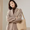 Women's Knits Cashmere Sweater Hollowed-Out Cardigan Female Autumn/Winter Long Pure Wool Knitted Korean Jacquard Lace-Up Coat