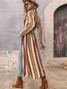 Women's Blouses LiTi Autumn 2023 Lapel Stripe Long Dress Cardigan Printed Women Top Loose Waist Sleeve Blouse