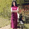 Etniska kläder lila sexiga smala förbättringar cheongsam kvinnlig elegant spets orientalisk qipao klänning utsökt pärla trim kinesiska festklänningar