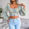 Women's Blouses Sexy Square Collar Chiffon Blouse Women Floral Print Lantern Long Sleeve Irregular Bandage Crop Top Casual Tops Holiday