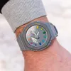 Iced Out Watch Sports Digital Quartz Men's Watch Waterproof World Time Full Function LED Auto Hand Raise Light Grey Double Rainbow Series