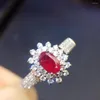 클러스터 반지 미세 보석 순수 18K 백색 골드 진짜 자연 비둘기 피 붉은 루비 0.4ct 다이아몬드 여성을위한 여성 반지