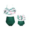 Kvinnors badkläder 2023 Summer Family Swimsuit Ruffles tryck Mother Daughter Bandage Bikini Set High midjebad 2st Biquinis