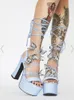 Zapatos de vestir de verano mariposa con cordones plataforma Rhinestone grueso tacones altos sandalias correa de tobillo punta abierta brillante plata sólida mujer