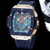 Orologio da uomo cronografo 42 mm quadrante scheletrato con lunetta blu movimento cinturino in gomma quarzo giapponese ruota della data nera orologio da polso