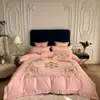 Bedding Sets Luxury White Embroidery 60S Satin Washed Silk Set Cotton Duvet Cover Bed Linen Fitted Sheet Pillowcases Bedclothes