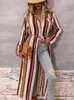 Women's Blouses LiTi Autumn 2023 Lapel Stripe Long Dress Cardigan Printed Women Top Loose Waist Sleeve Blouse