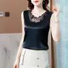 Women's Blouses 2023 Embroidery Sleeveless Silk Summer Satin Shirts Women Elegant Tops Casual Loose Vest Female Clothing 24668