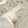 Bedding Sets Luxury White Embroidery 60S Satin Washed Silk Set Cotton Duvet Cover Bed Linen Fitted Sheet Pillowcases Bedclothes