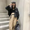 女性用ジャケットアウター韓国ファッションバブルスリーブジャケットPUレザーカジュアル女性ショートコート秋のトレンドストリートパンク