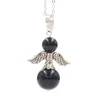 Pendant Necklaces FYSL Silver Plated Angel Wing Black Agates Round Beads Link Chain Necklace Rose Pink Quartz Jewelry