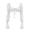 Kadın bluzları High Street Beyaz Gömlek Moda Giysileri Sıradan Puff Uzun Kollu Ön Tie Zarif Seksi Sırtsız mahsul Blusas 21977