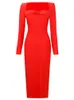 Casual Dresses Women Runway Fashion Red Elegant Long Sleeve Square Collar Bodycon Knee Length Bandage Dress Celebrity Evening Party