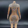 Stage Wear Women Sexy Birthday Contemporary Dance Costume Spring Dress Crystals Diamond Long Sleeve Bodysuit