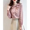 Blouses pour femmes Satin élégant nœud en mousseline de soie dentelle bureau dames Vintage ample solide pulls trajet domicile-travail à manches longues chemise en soie femmes