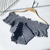 Women's Blouses HISUMA Summer Women Slash Neck Flare Sleeve Striped Ruffle Chic Shirt Lady Short Elastic Slim Off Shoulder Sexy Crop Blouse